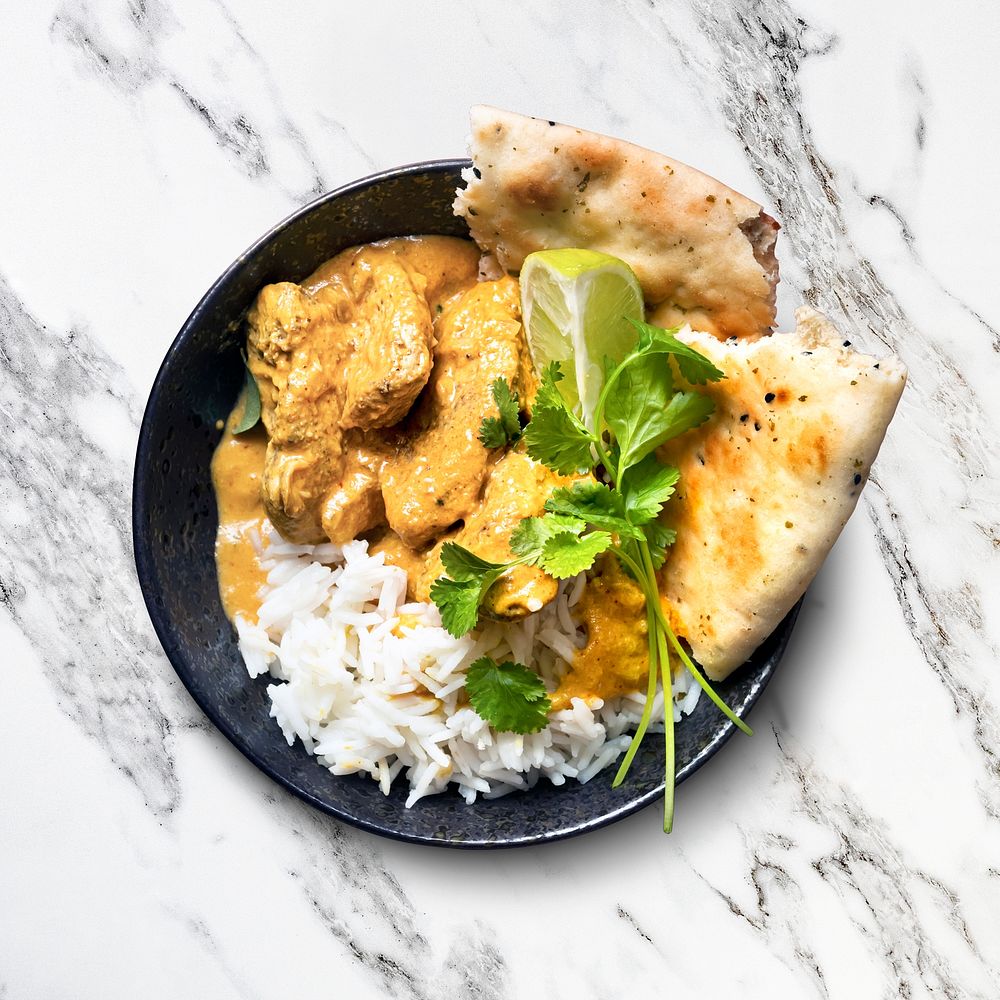 Butter chicken mockup psd Indian curry with rice in a pa food photography
