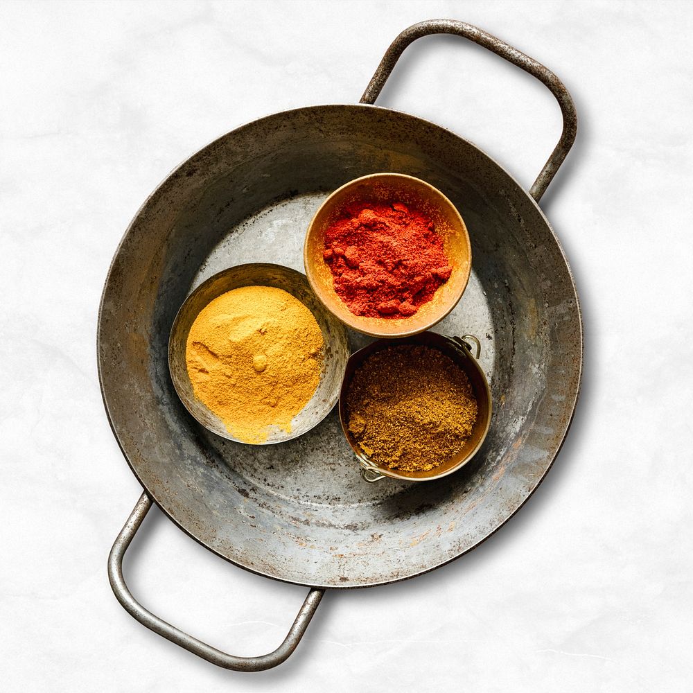 Curry spice ingredients mockup psd butter chicken on a tray food photography flat lay