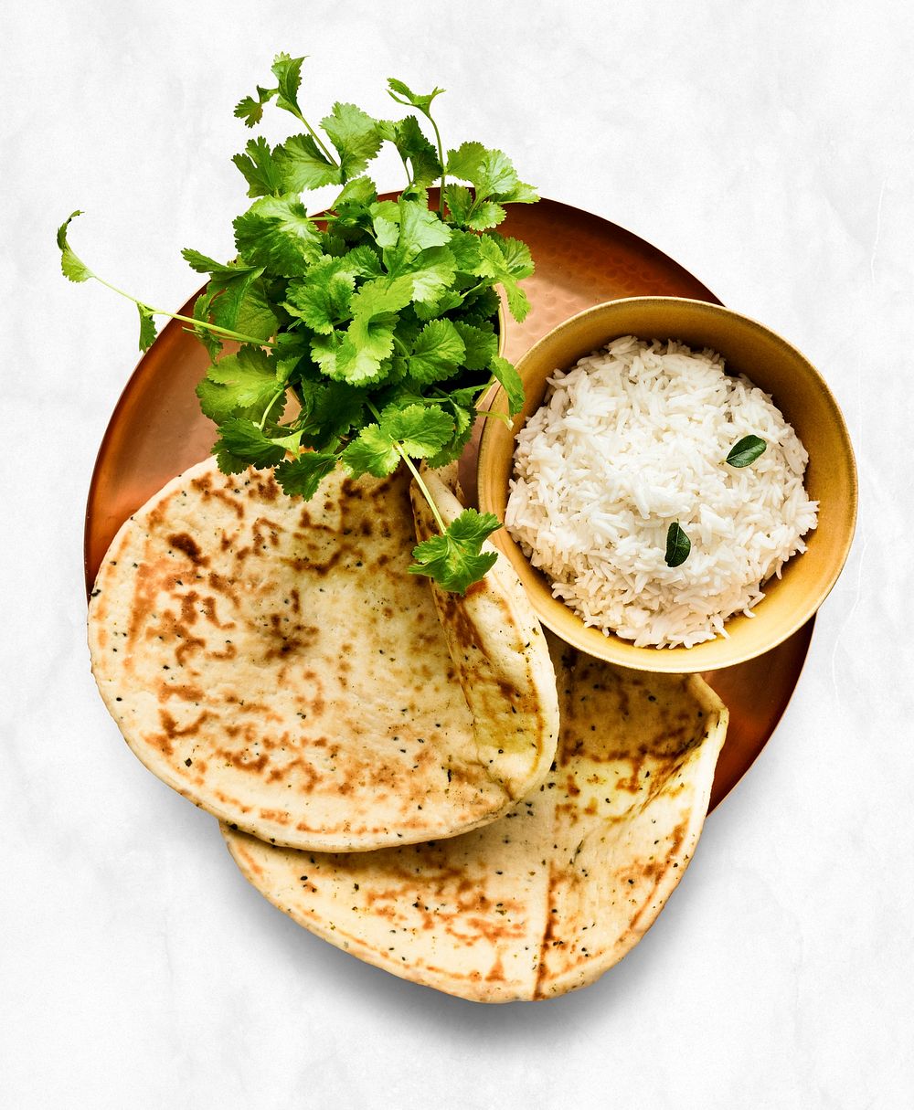 Flatbread and rice mockup psd home cooked Indian food photography
