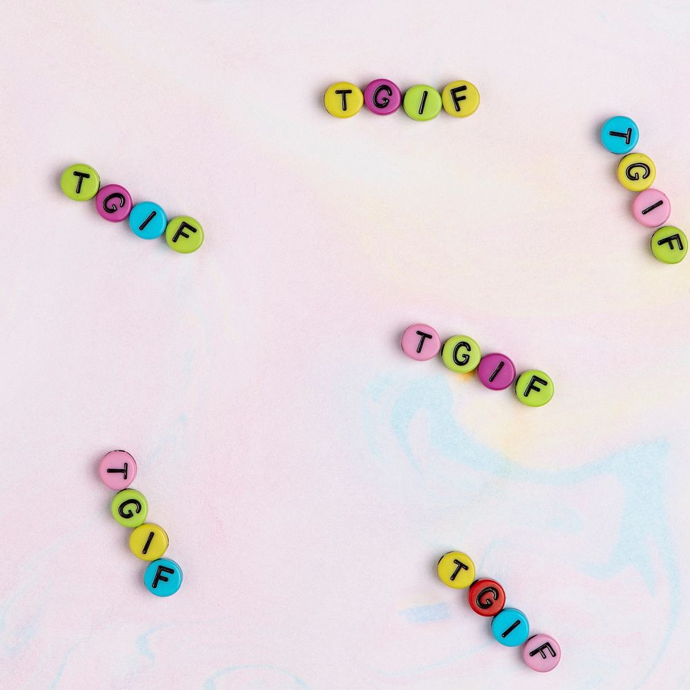 TGIF text alphabet beads pastel watercolor background