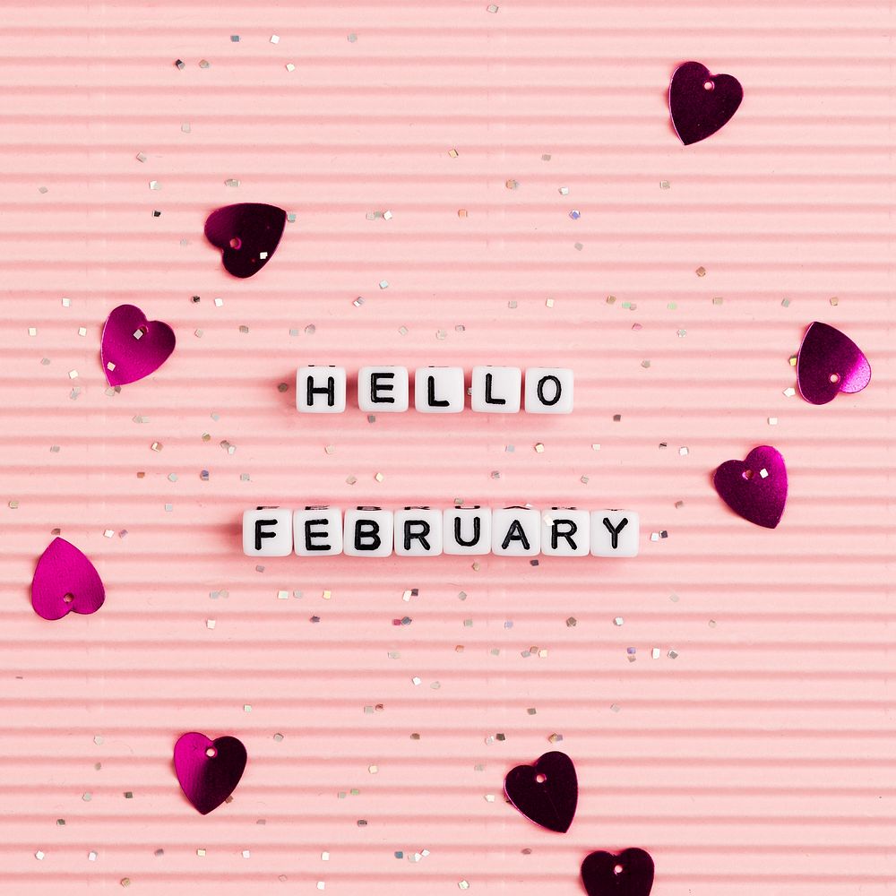 White HELLO FEBRUARY beads message typography