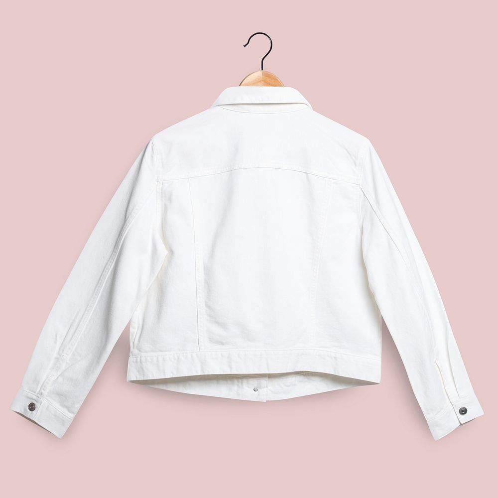White denim jacket rear view streetwear fashion