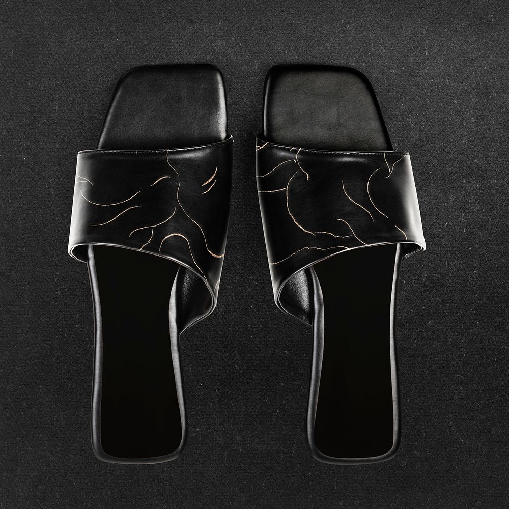 Black mule sandals mockup psd leather summer footwear fashion
