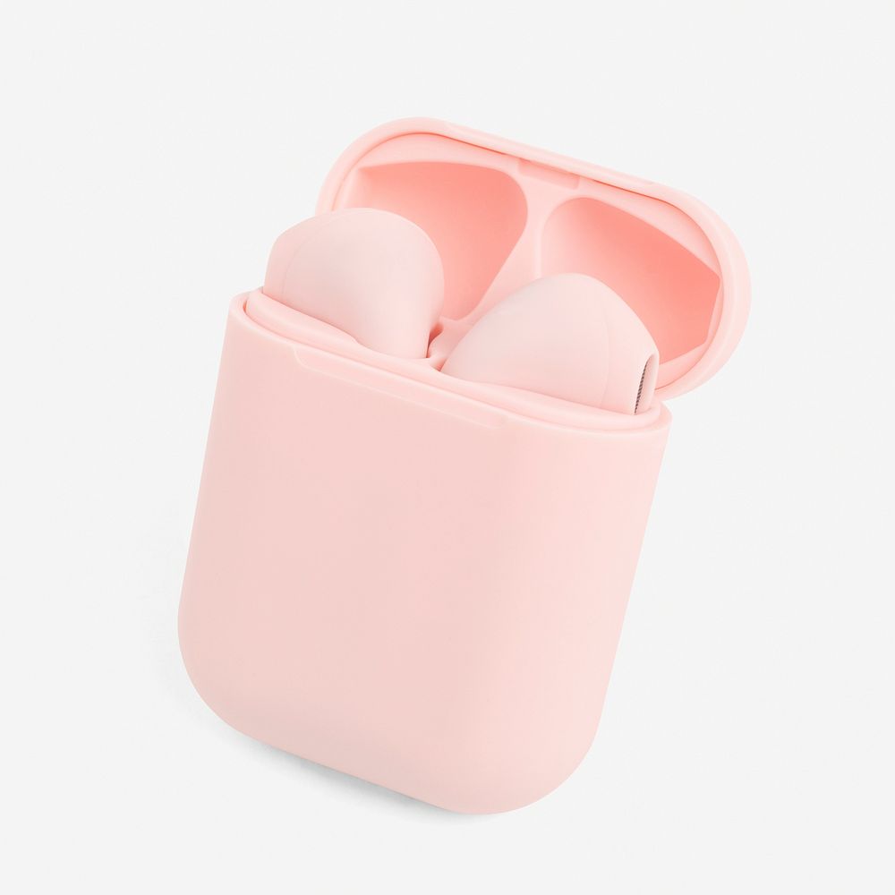 Pink wireless earbuds case mockup psd digital earphones