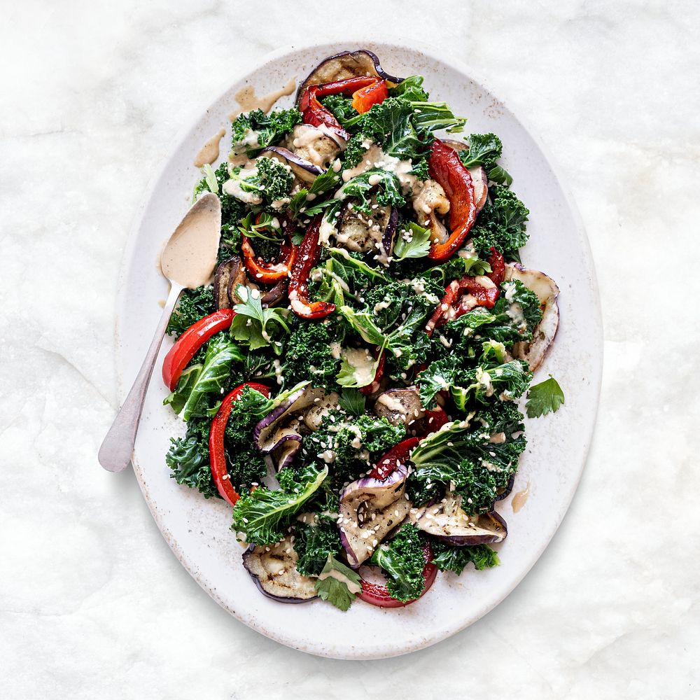 Keto salad psd with roasted eggplant and kale