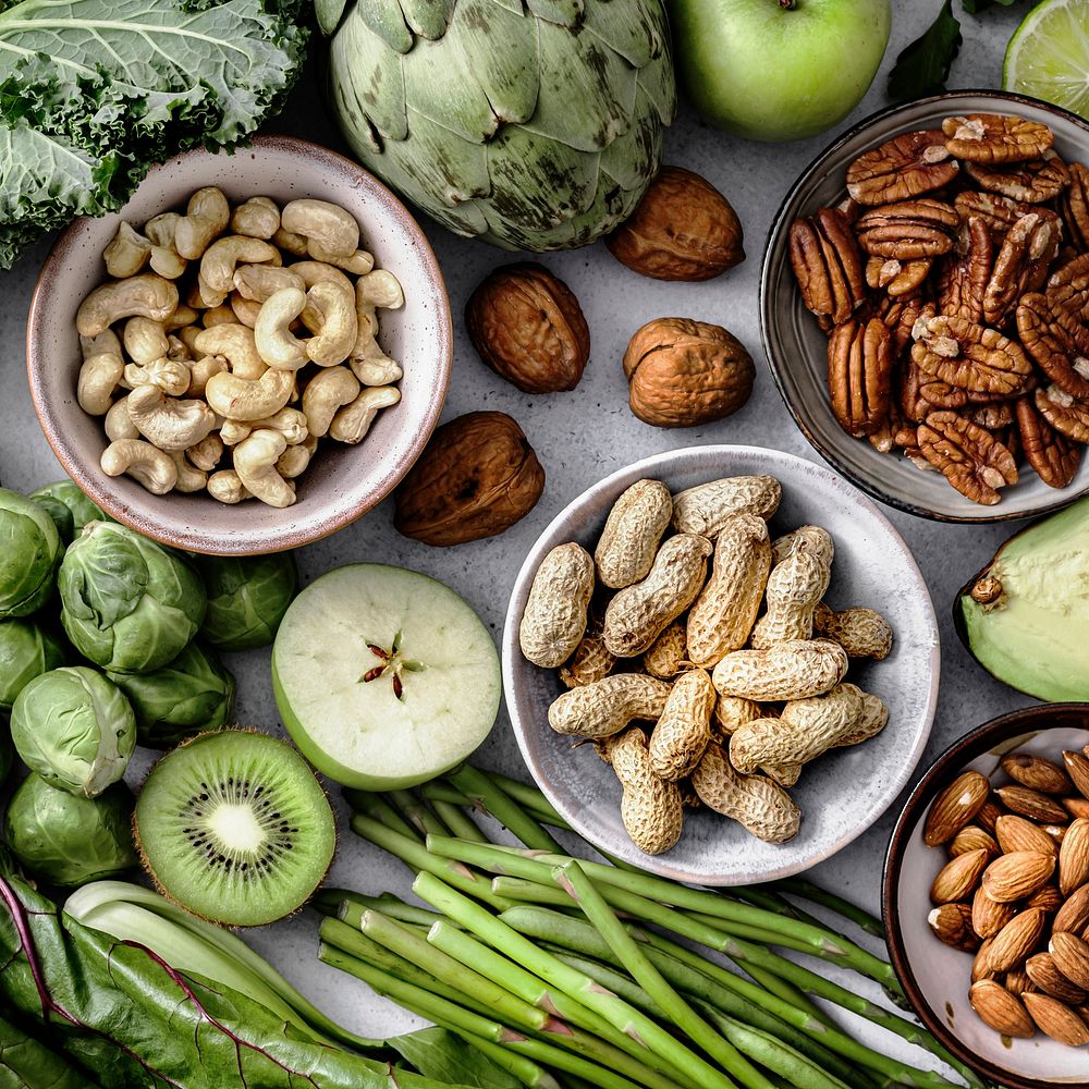 Nuts and vegetables flat lay healthy diet food photography