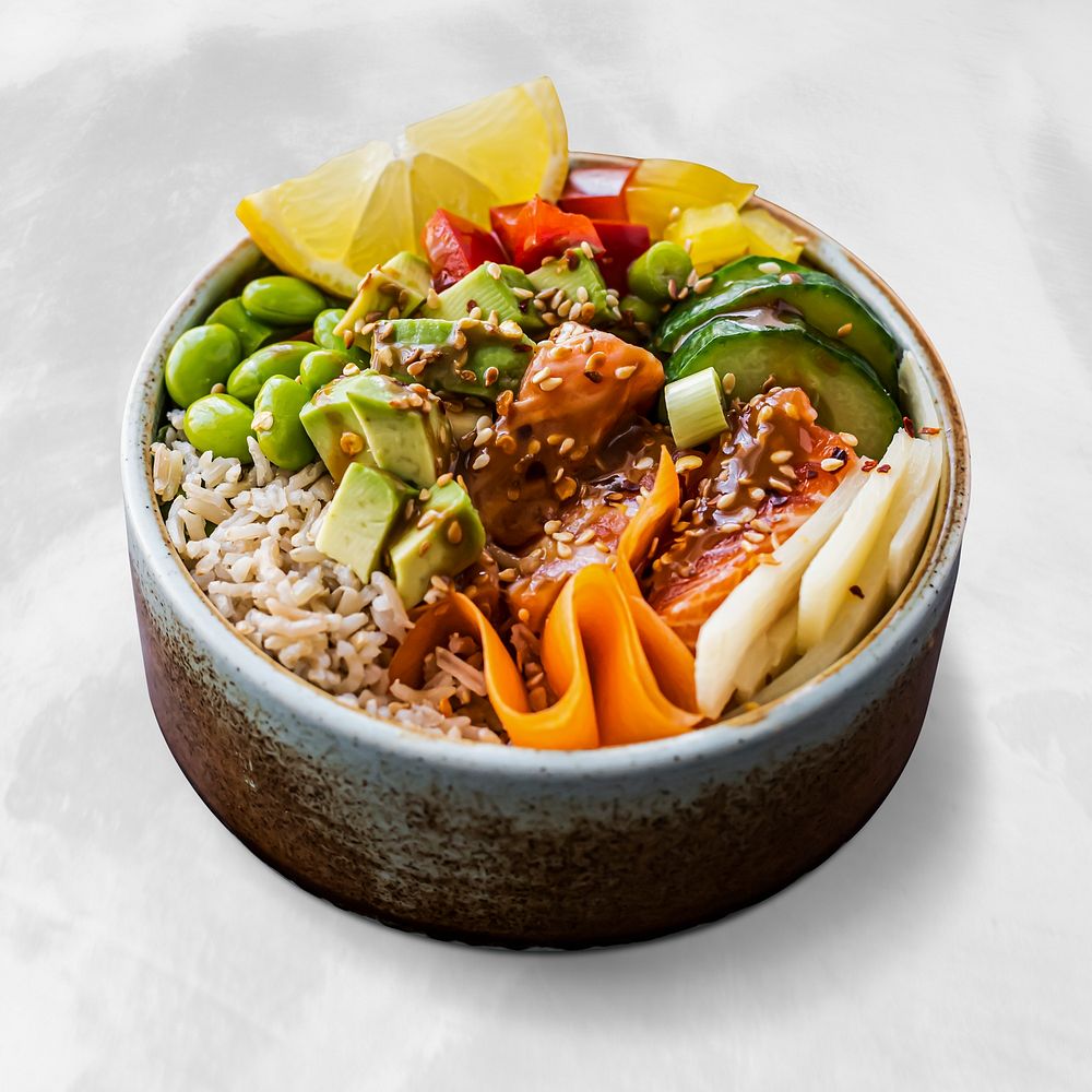 Salmon on rice poke bowl photography healthy food