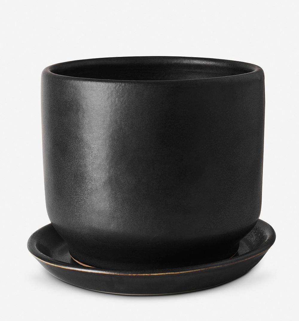 Ceramic plant pot mockup psd in black tone with saucer