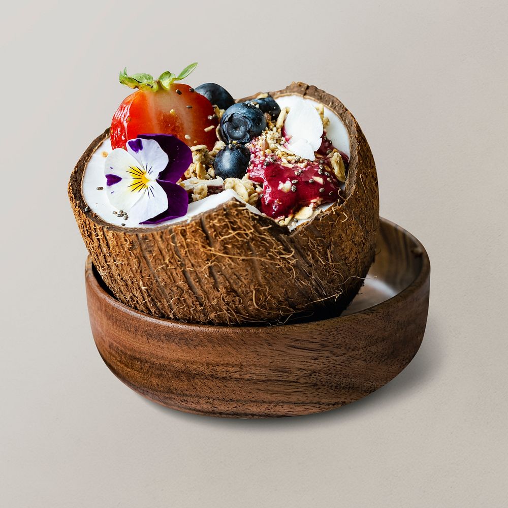 Acai smoothie bowl psd mockup in coconut shell