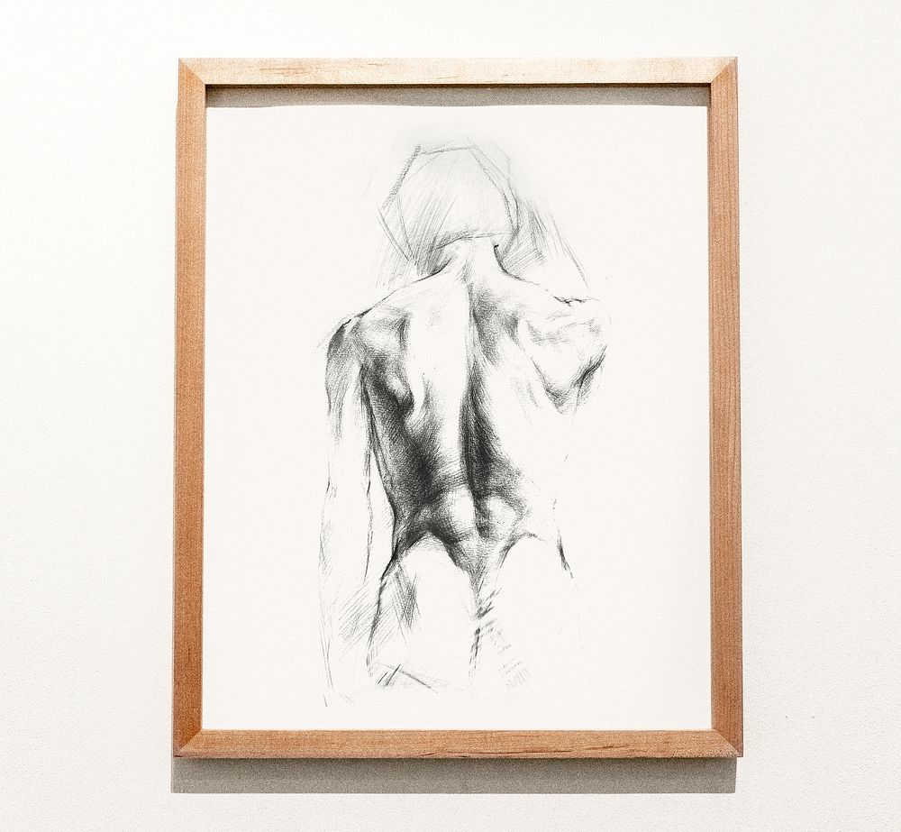 Framed sketch of a man's back