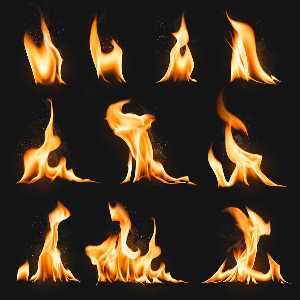 Burning flame sticker, realistic fire image psd set