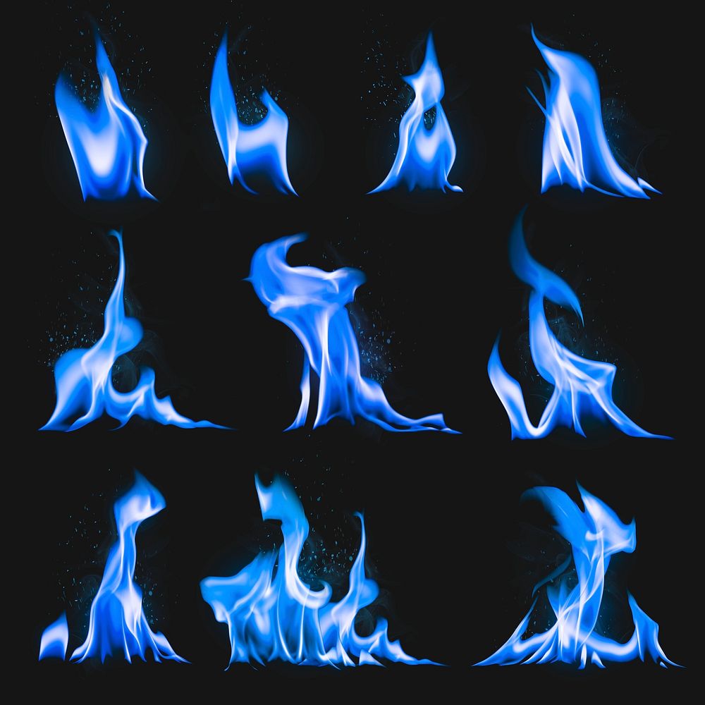Blue flame sticker, realistic fire image psd collection