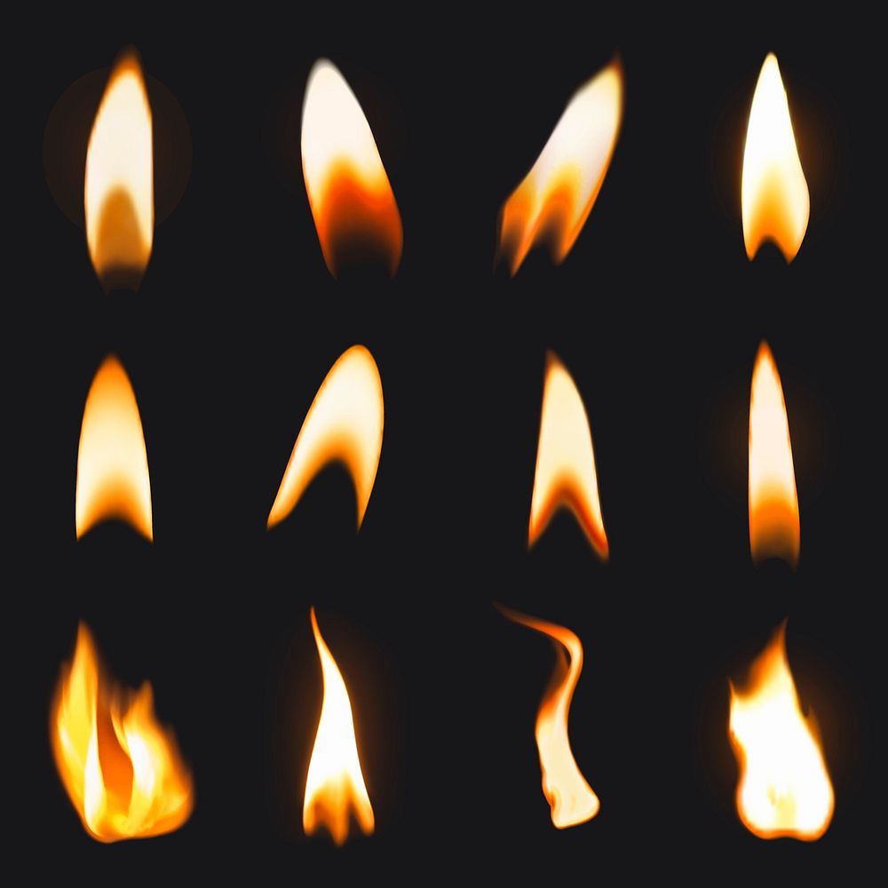 Burning flame sticker, realistic fire image vector set