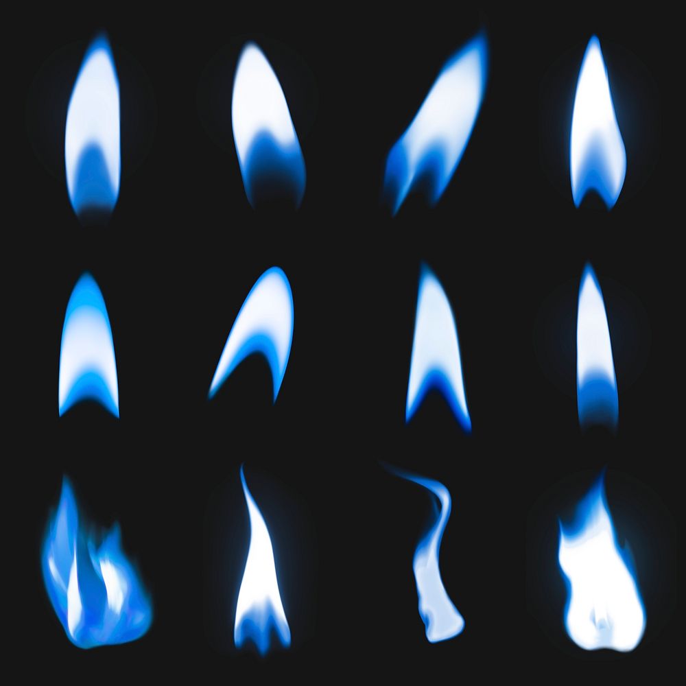 Blue flame sticker, realistic fire image psd collection
