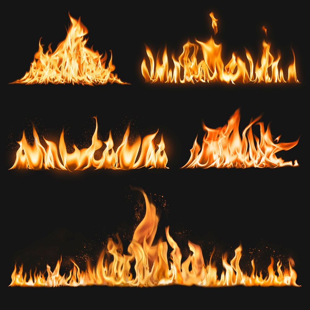Burning flame border sticker, realistic fire image vector collection