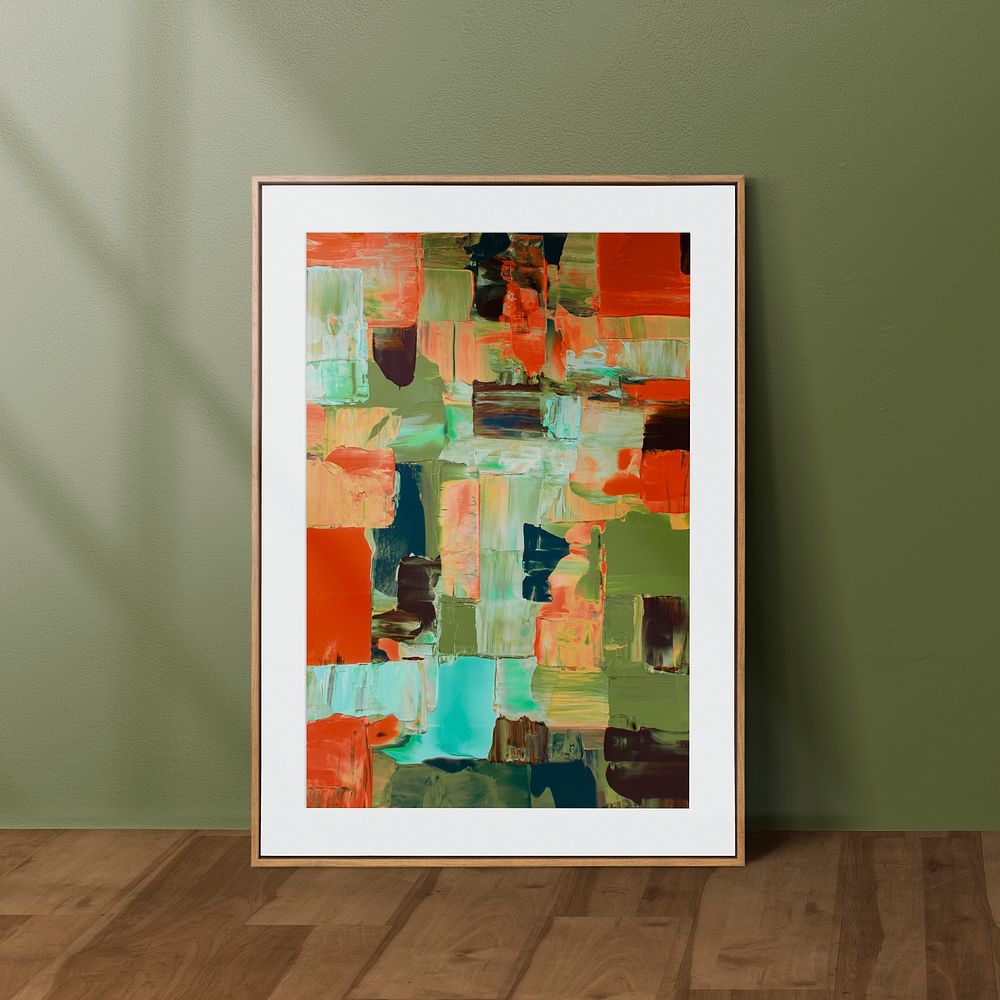 Picture frame psd mockup, colorful abstract painting home decor