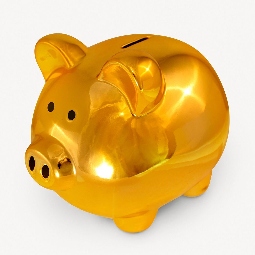 Gold piggy bank sticker, finance collage element psd