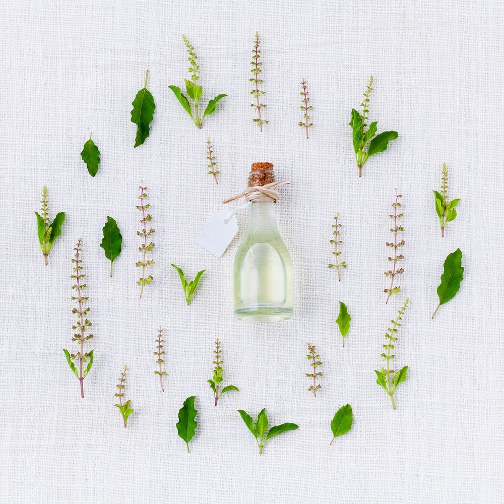 Free small glass bottle, leaf decoration image, public domain perfume CC0 photo.