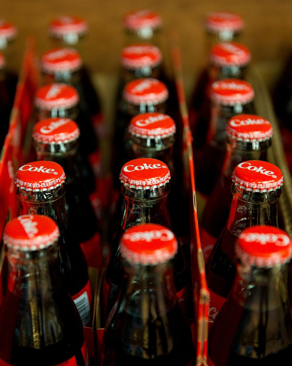 Cokes in bottle crate, Coca Cola soda, location unknown, 02/04/2017