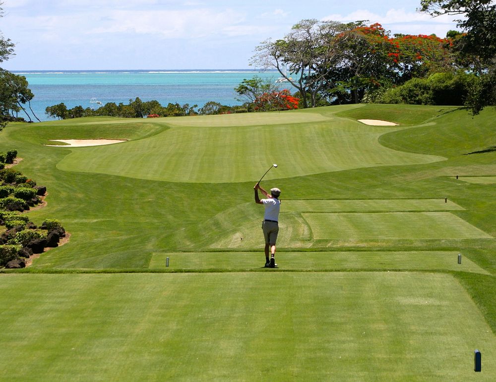 Free man playing golf on sunny day photo, public domain CC0 image.