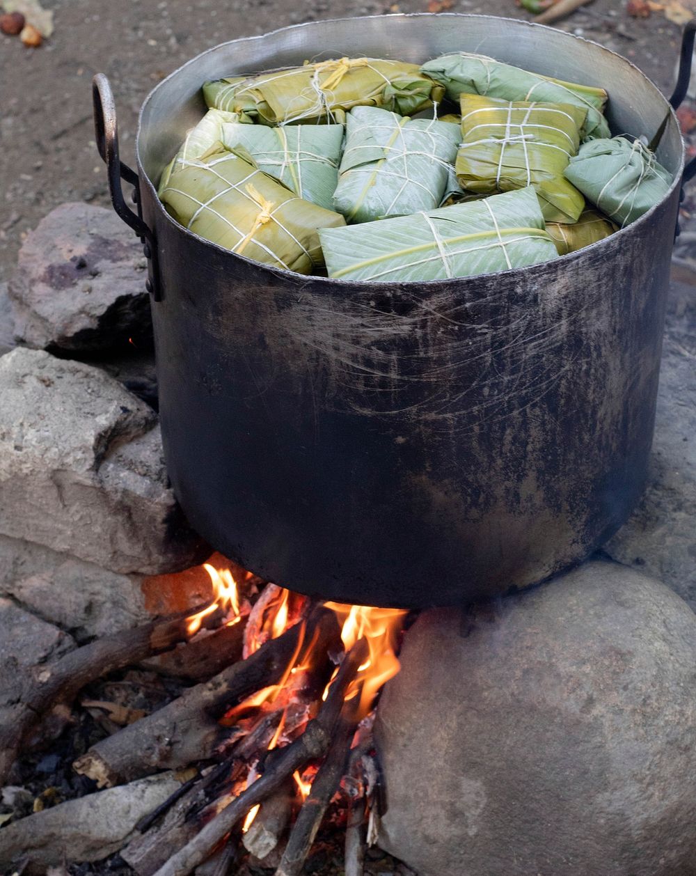 Free banana leaf wrapped food steaming over fire image, public domain CC0 photo.