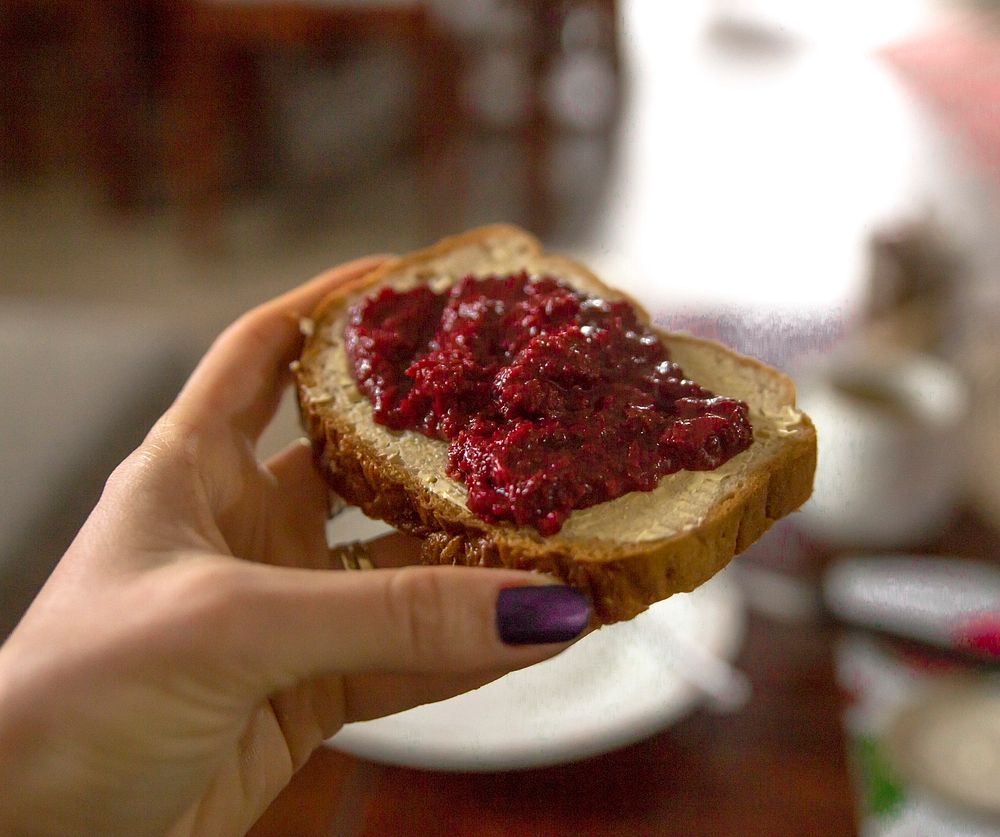 Free homemade cherry jam with butter on toast image, public domain food CC0 photo.