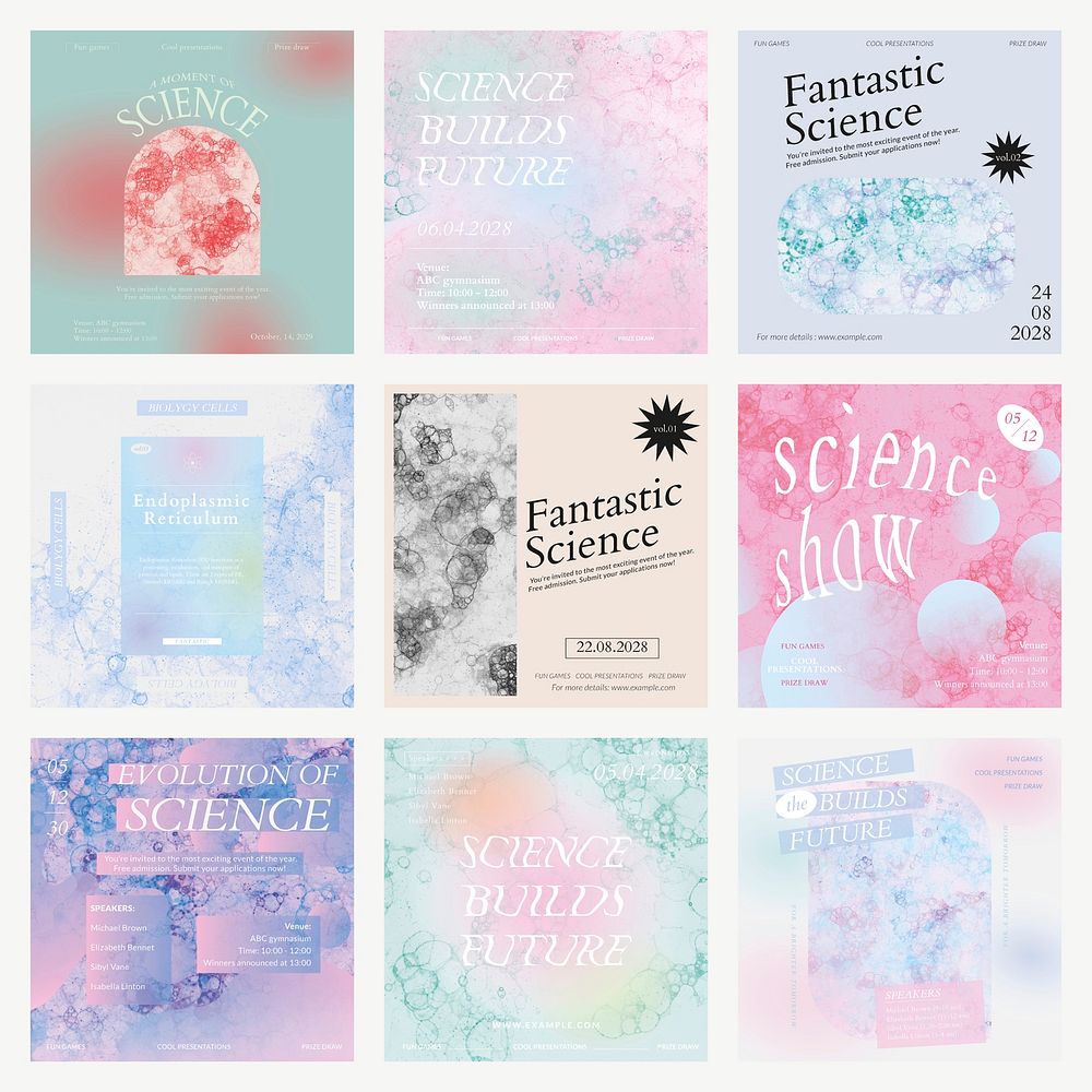 Bubble art science template vector event aesthetic social media ad set