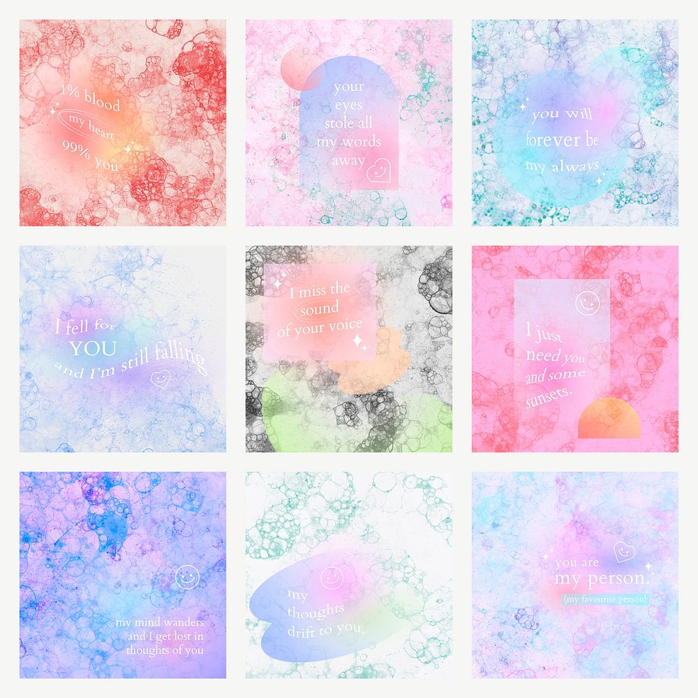 Aesthetic bubble art template vector with romantic quote social media post set