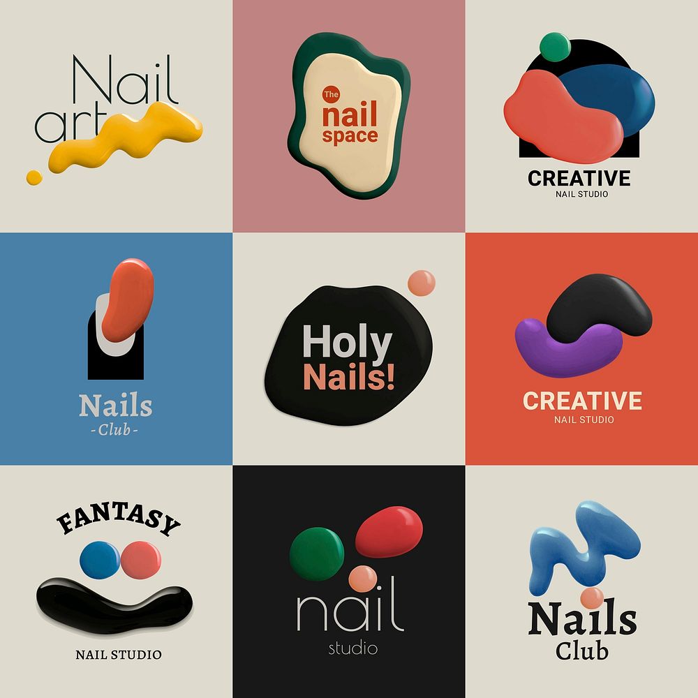 Color paint business logo psd nail studio in modern style set