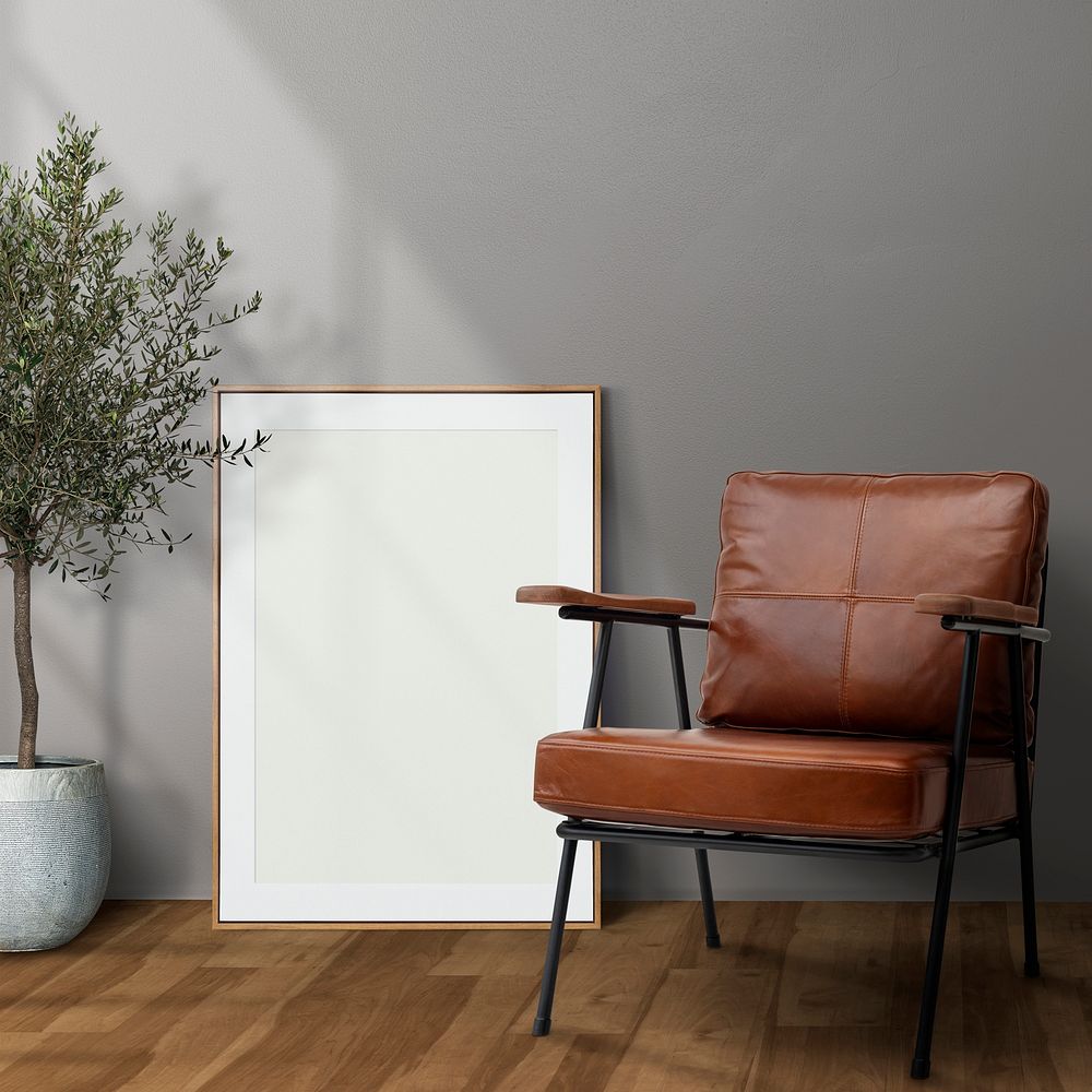 Picture frame mockup psd leaning in modern living room home decor interior