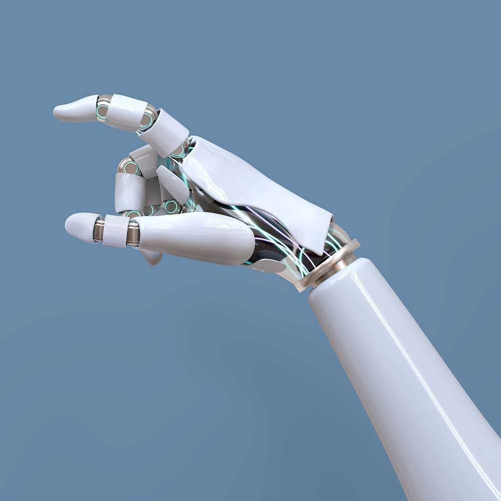Cyborg hand finger pointing, psd technology of artificial intelligence
