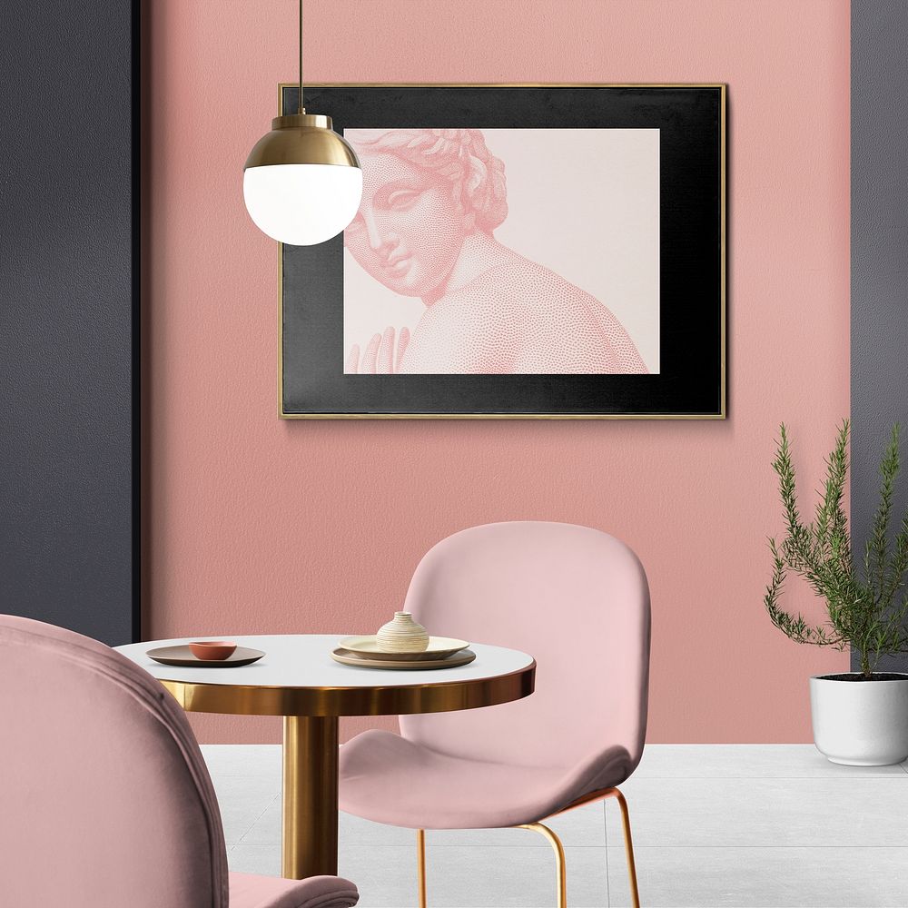 Frame mockup psd hanging in chic luxury dining room