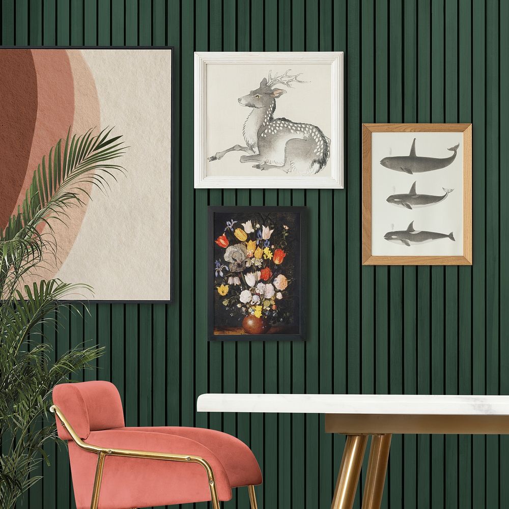 Gallery wall mockup psd hanging in retro green dining room