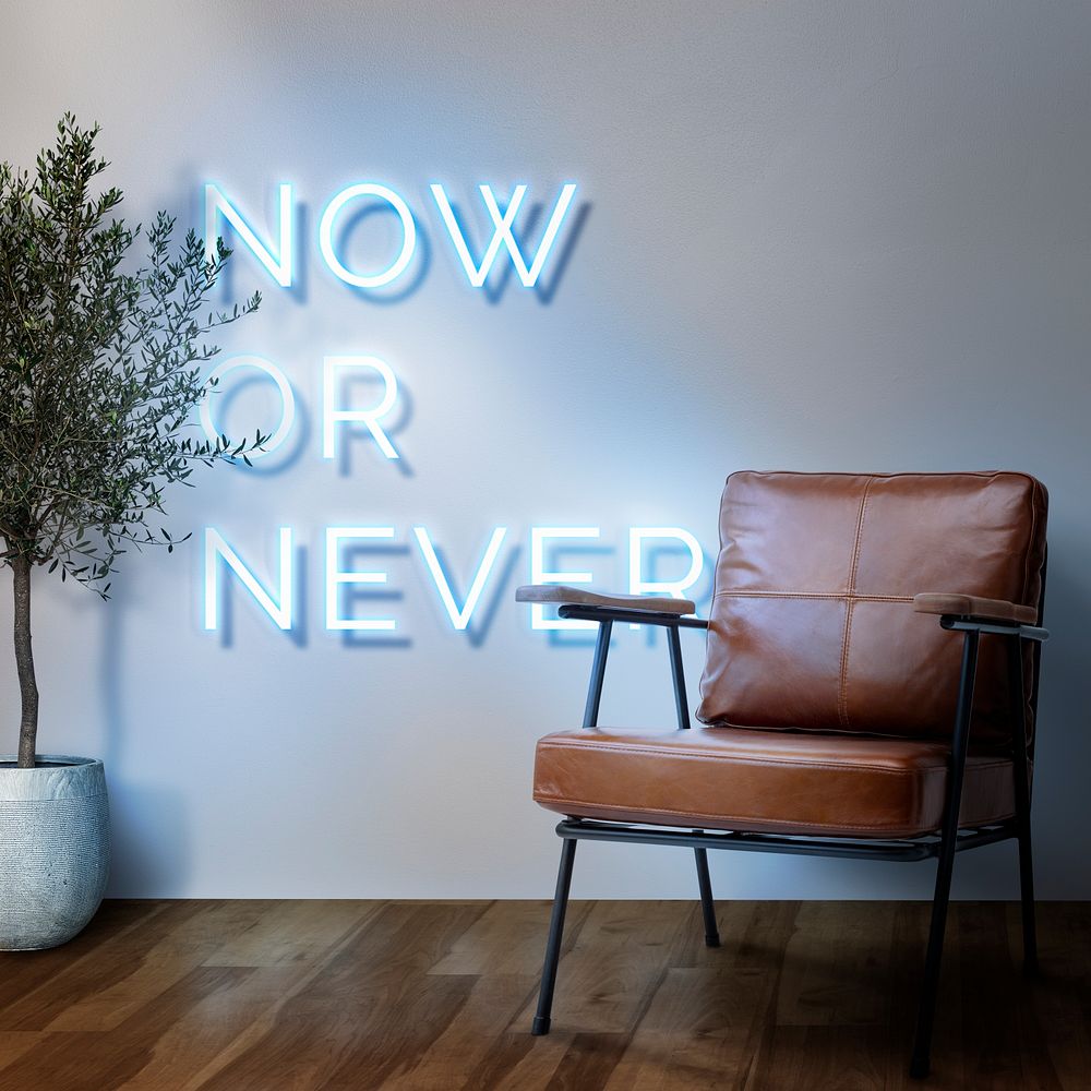 Motivational neon sign mockup psd in authentic cafe with now or never text