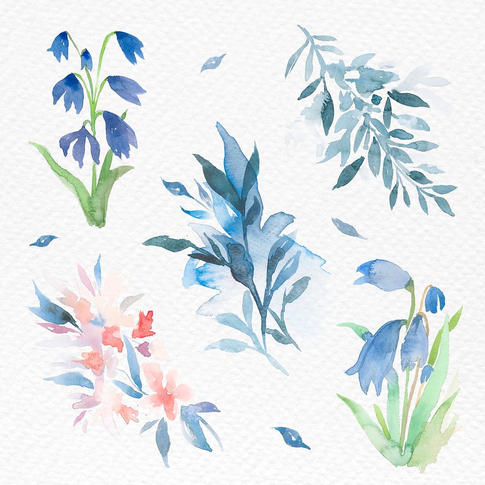 Winter leaves set watercolor psd blue seasonal graphic