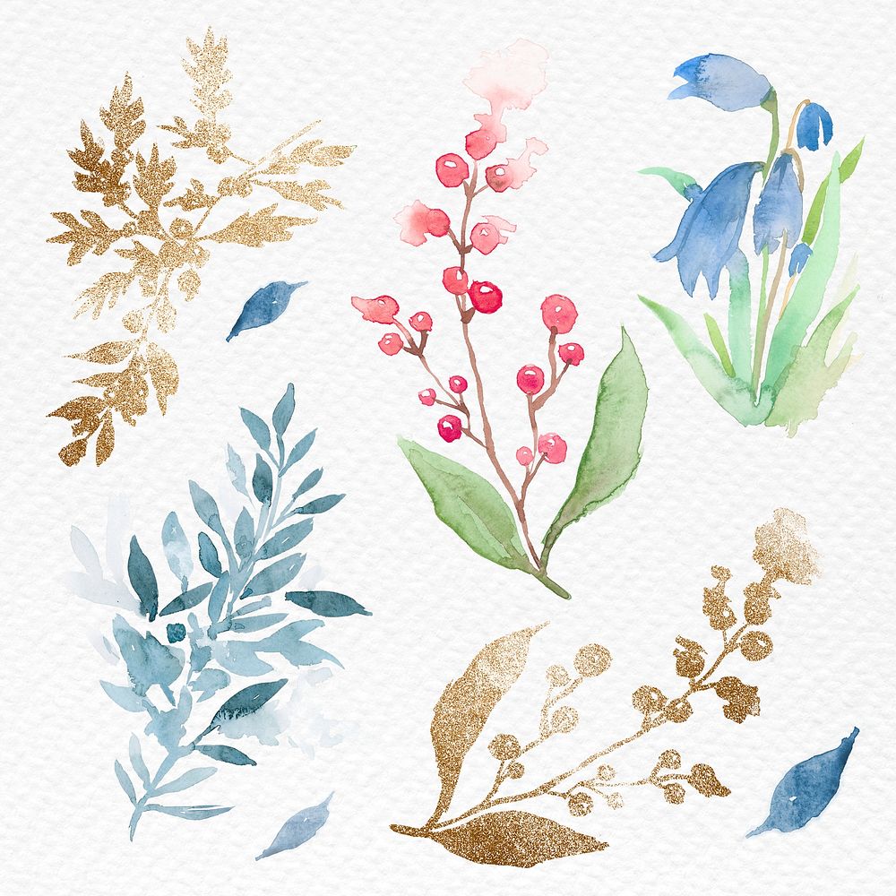 Winter leaves set watercolor psd blue seasonal graphic