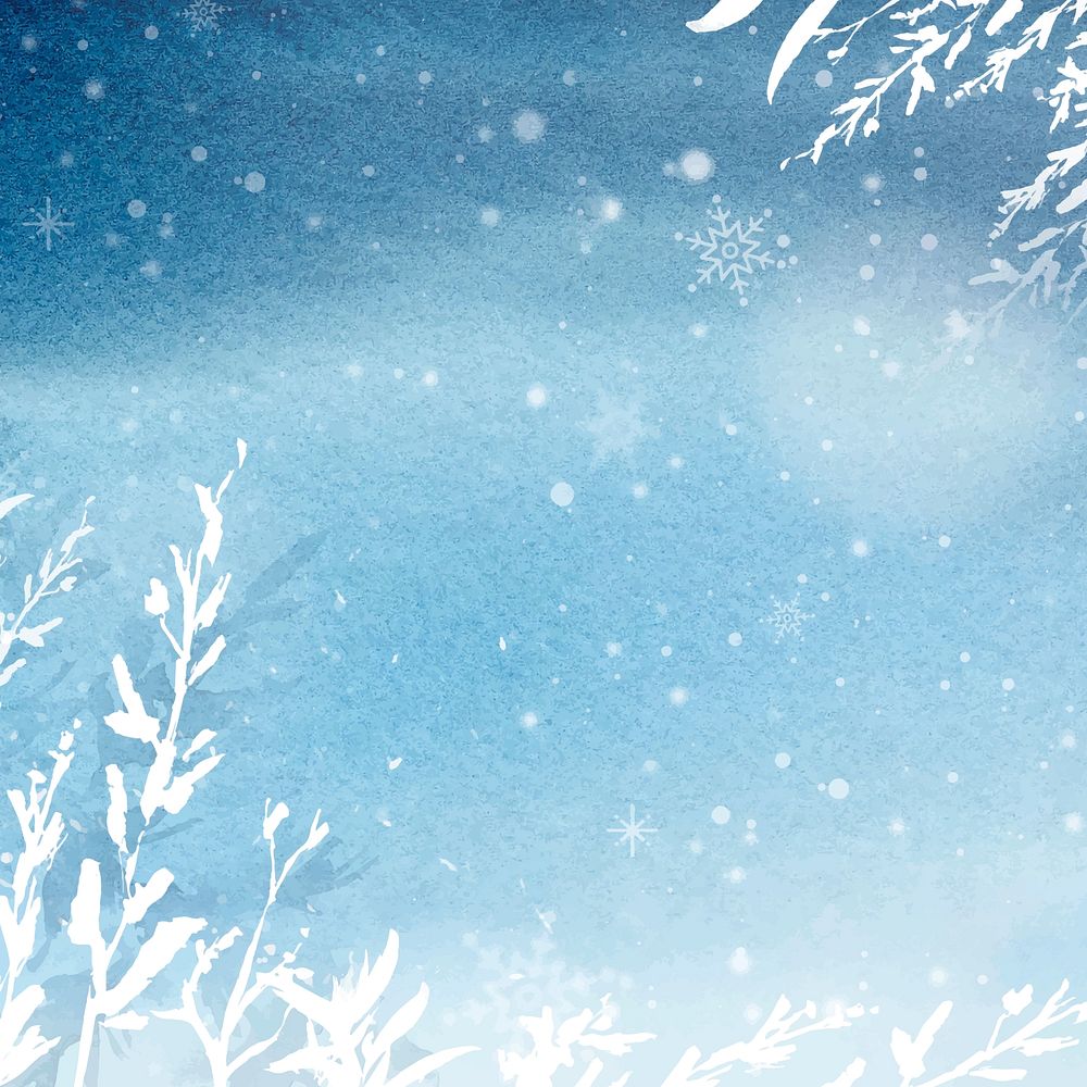 Floral winter watercolor background vector in blue with beautiful snow