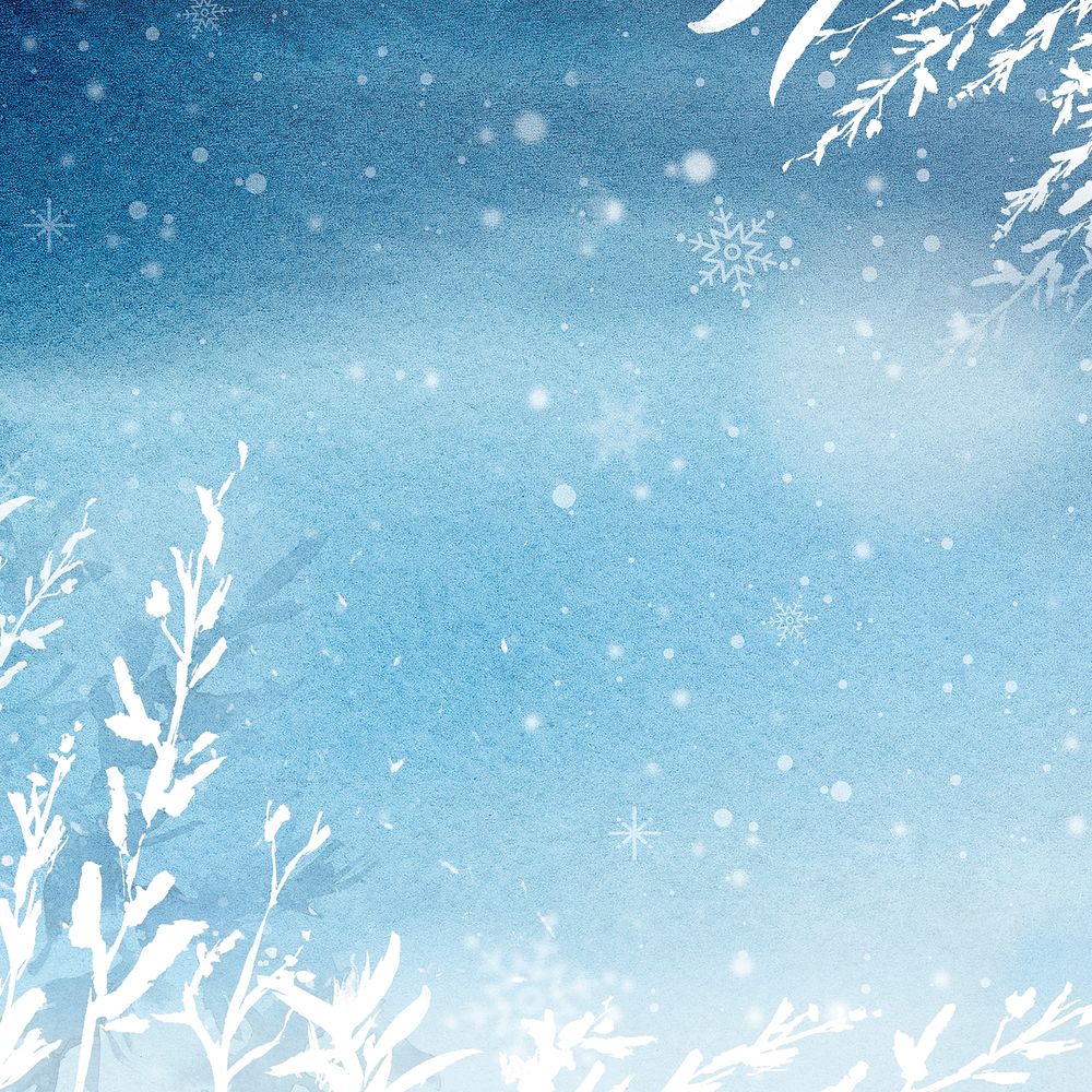 Floral winter watercolor background in blue with beautiful snow
