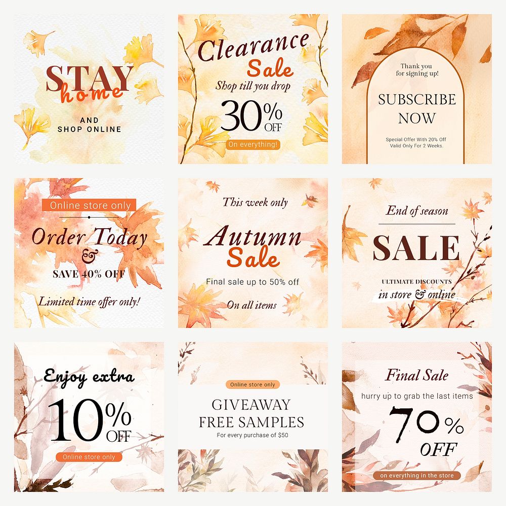 Aesthetic autumn sale template vector social media ad set