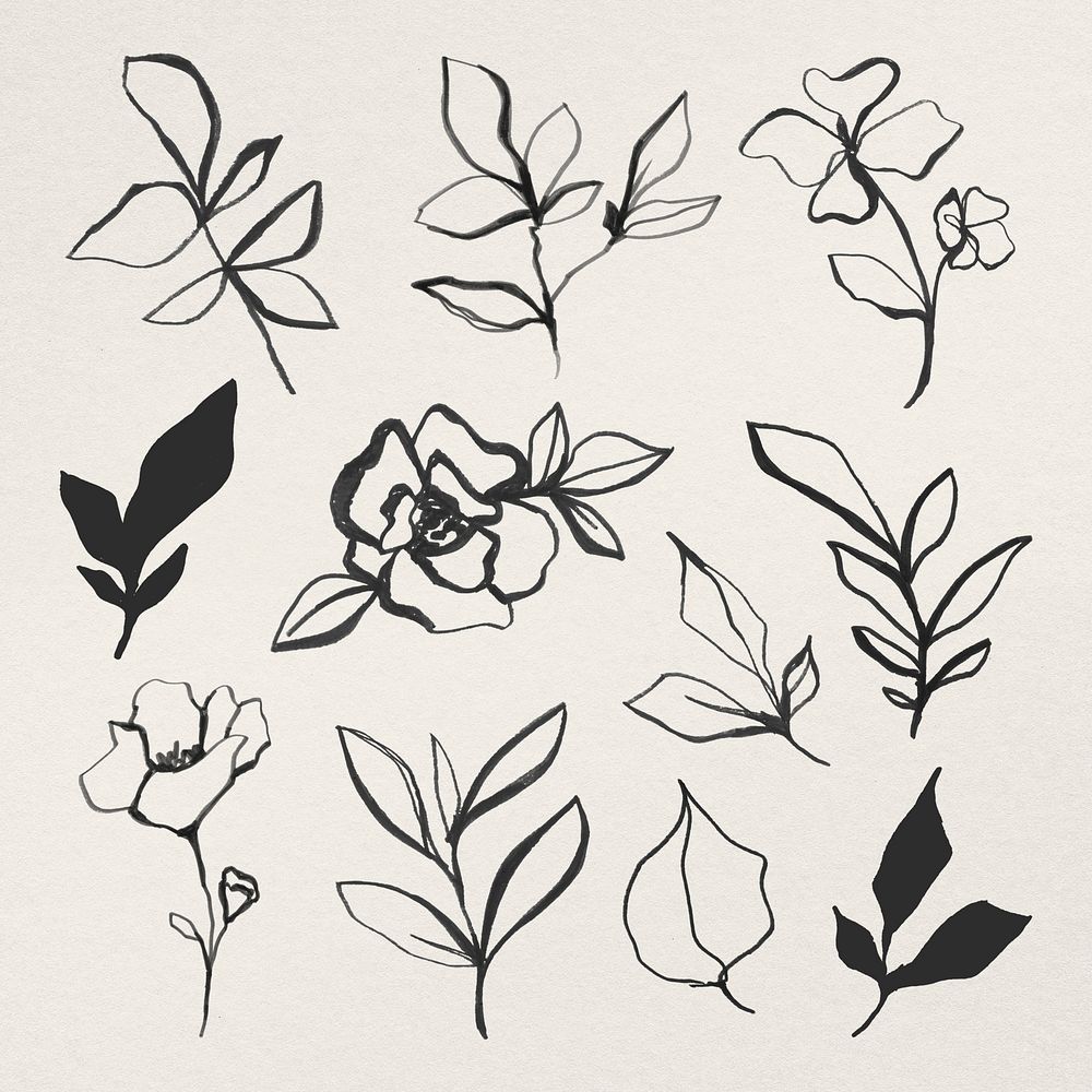 Flower line art illustration psd set, remixed from vintage public domain images