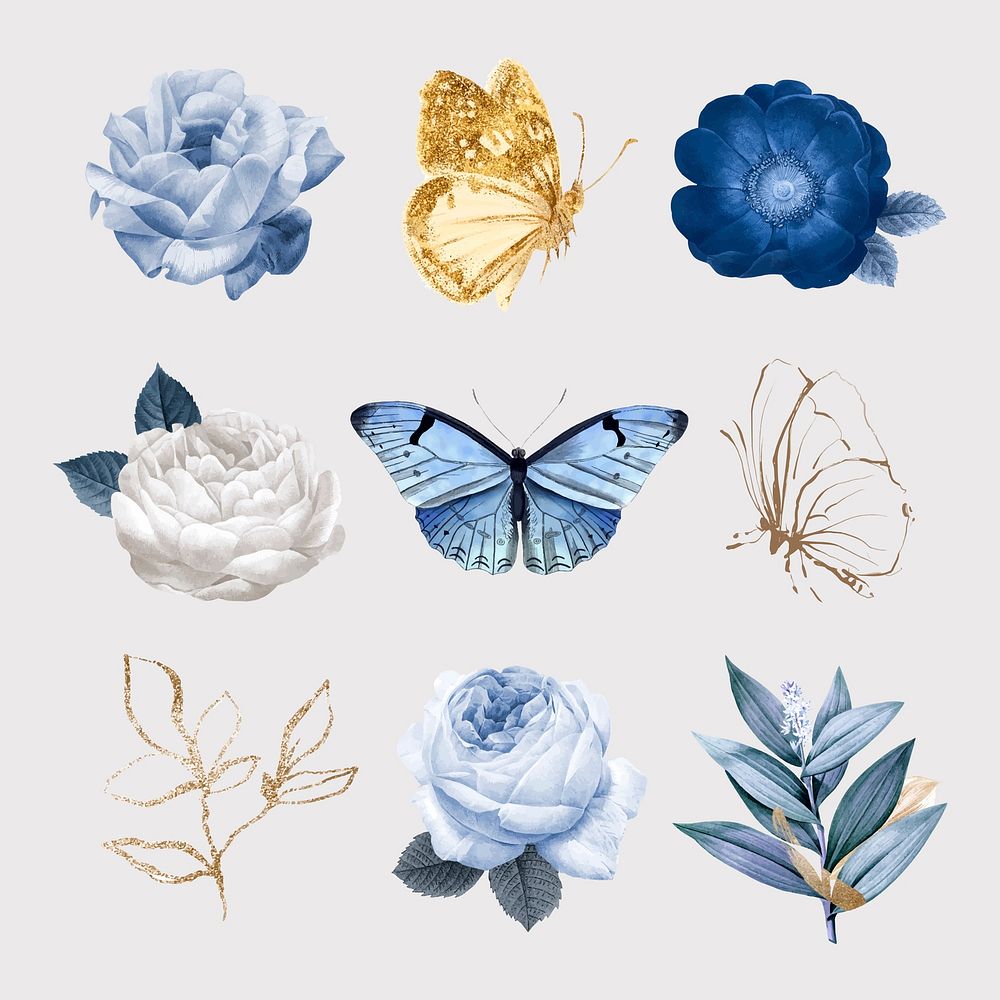 Flower & butterfly illustration vector set, remixed from vintage public domain images