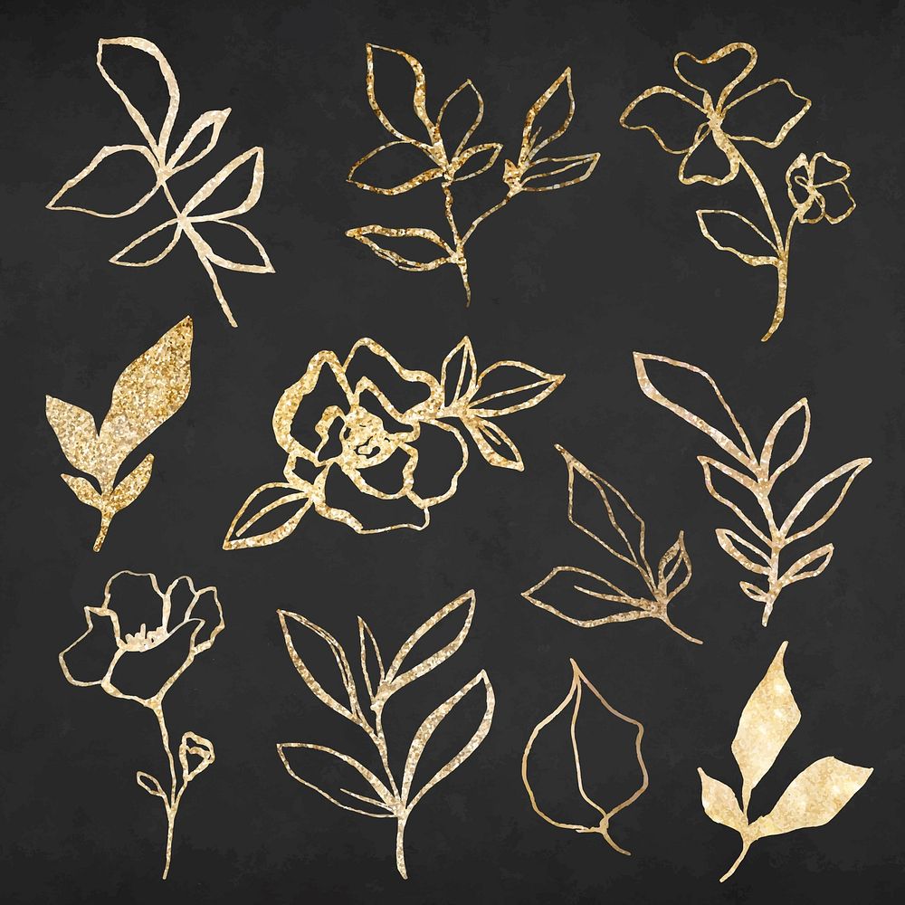 Gold flower hand drawn illustration vector set, remixed from vintage public domain images