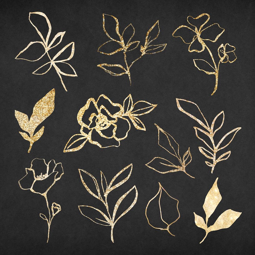 Gold flower hand drawn illustration psd collection, remixed from vintage public domain images
