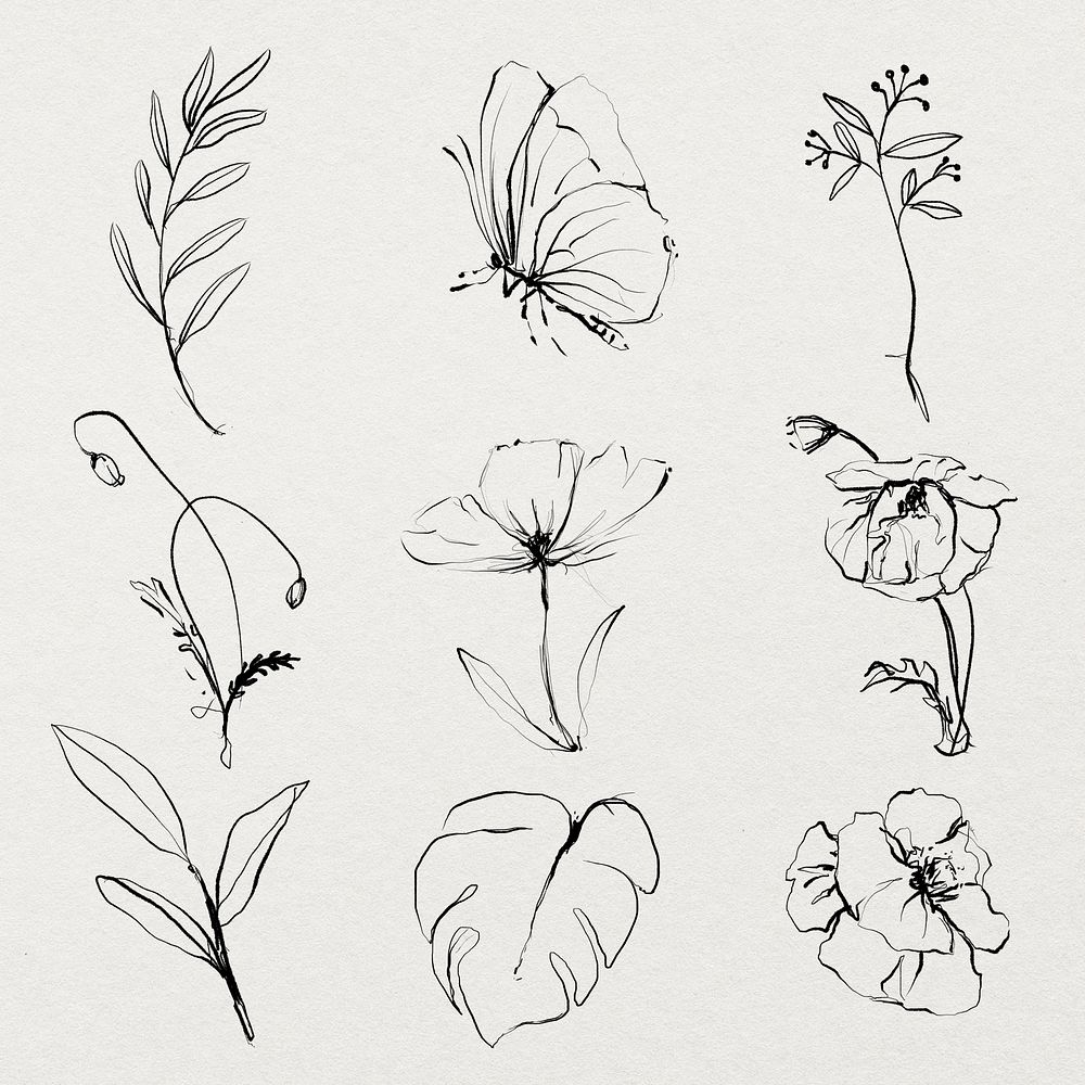Flower line art illustration psd set, remixed from vintage public domain images