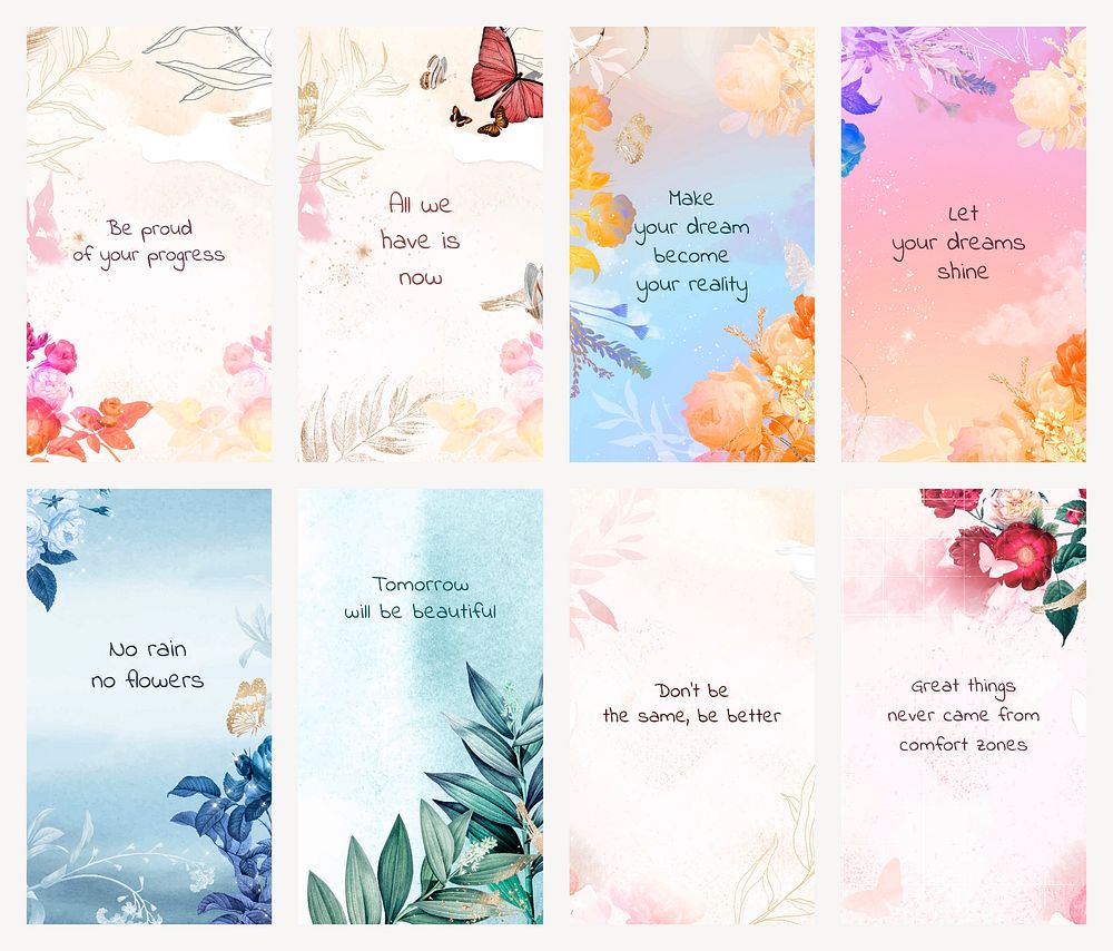 Instagram story templates vector set, flower inspirational quotes, remixed from vintage public domain images