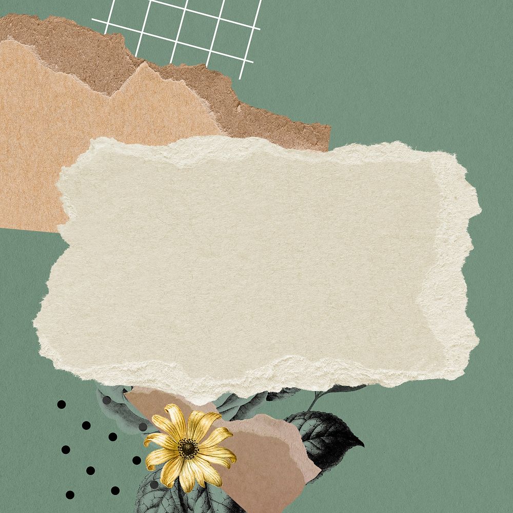 Collage wallpaper ripped paper background psd, flower and paper in mixed media art