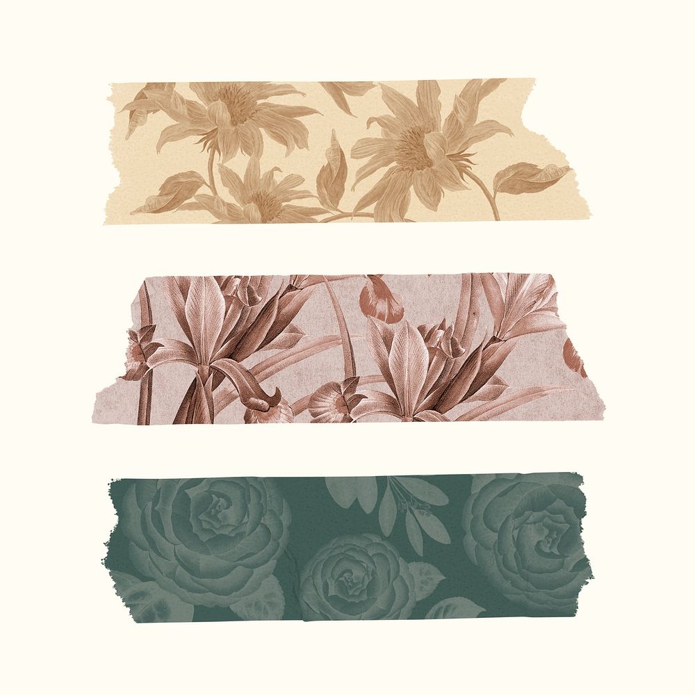 Flower collage psd washi tape, DIY decorative set for scrapbooking