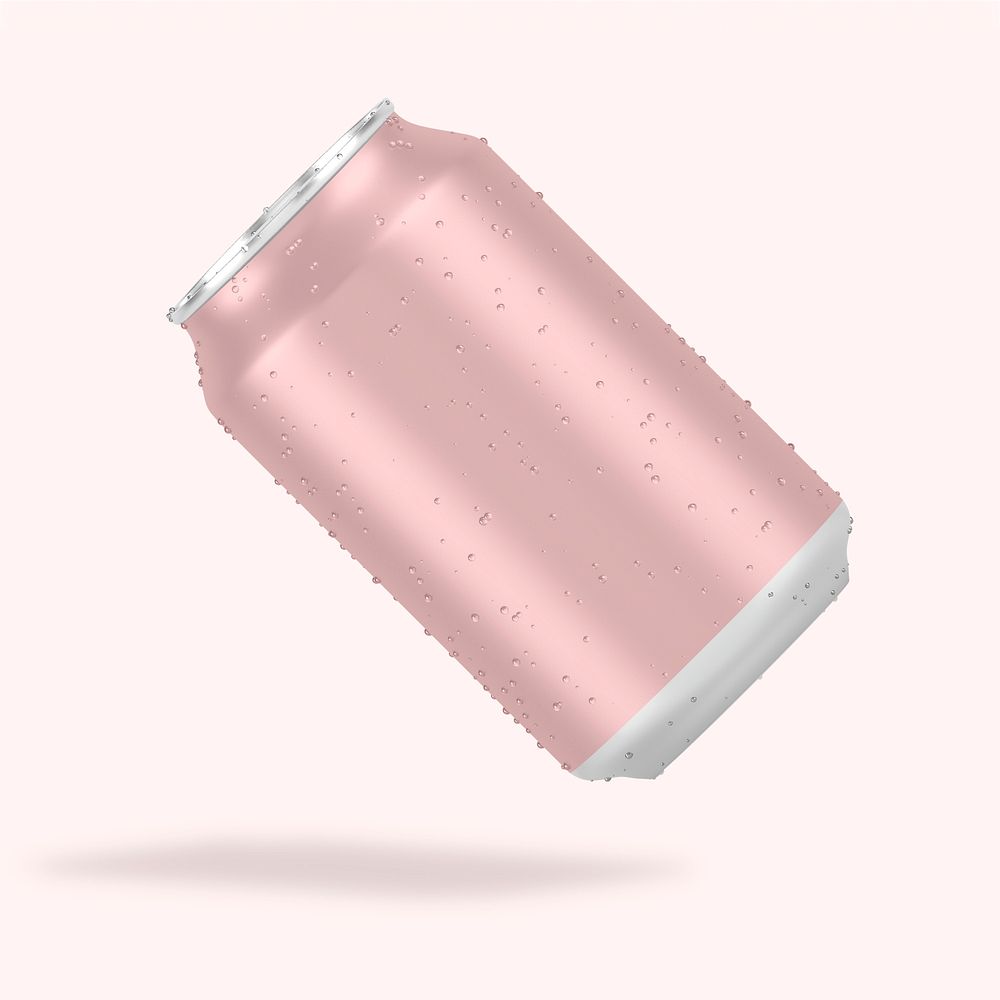 Refreshing pink soda can with water drops
