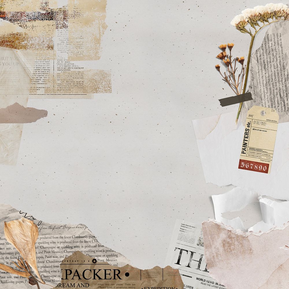 Aesthetic collage background, ripped paper border frame psd