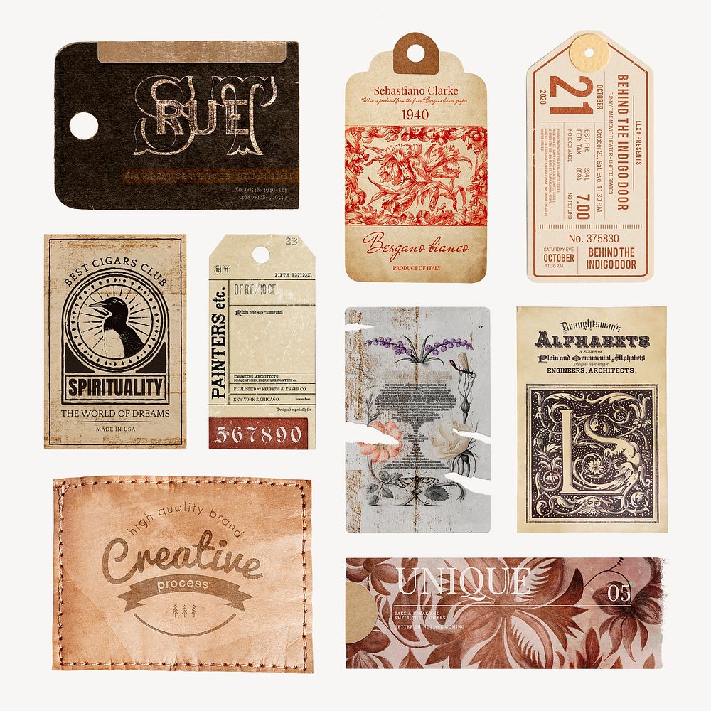 Vintage label, aesthetic paper, realistic design with logo psd set